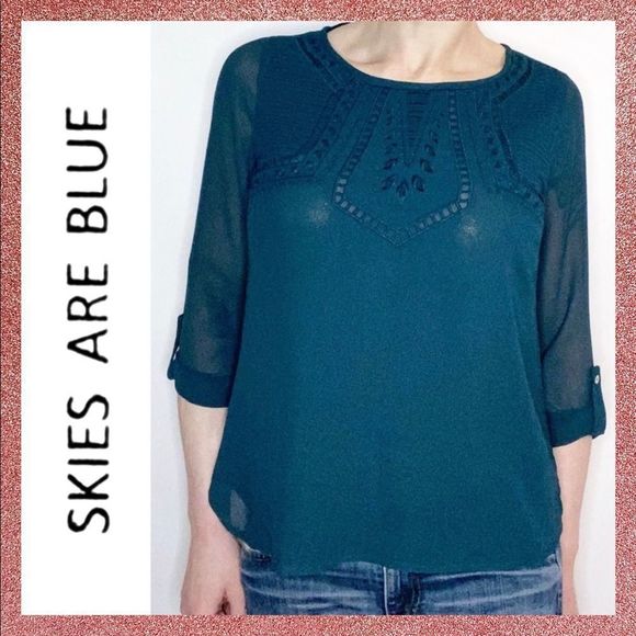 Skies Are Blue Tops - Skies Are Blue Dark Teal Embroidered Top Small S